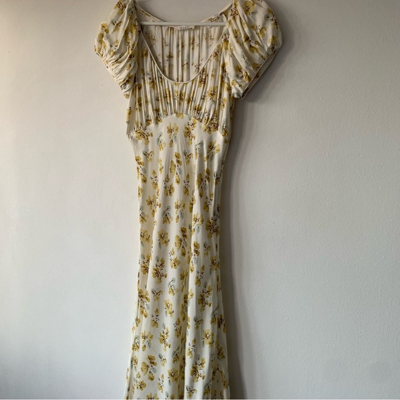 Doen Florencia Silk Short Puff Sleeve Midi Dress Yellow Gold Frolicking Floral